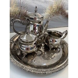 Vintage Silver Plated 4pc Tea Set Teapot Sugar Creamer Etched Round Tray Footed